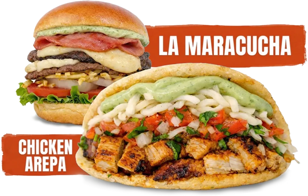 burger la maracucha and chicken arepa